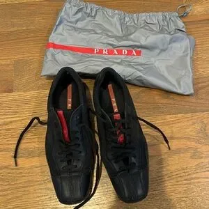 美品 prada sports square leather sneaker Vintage Prada Sport Black Leather Square Toe Lace up
